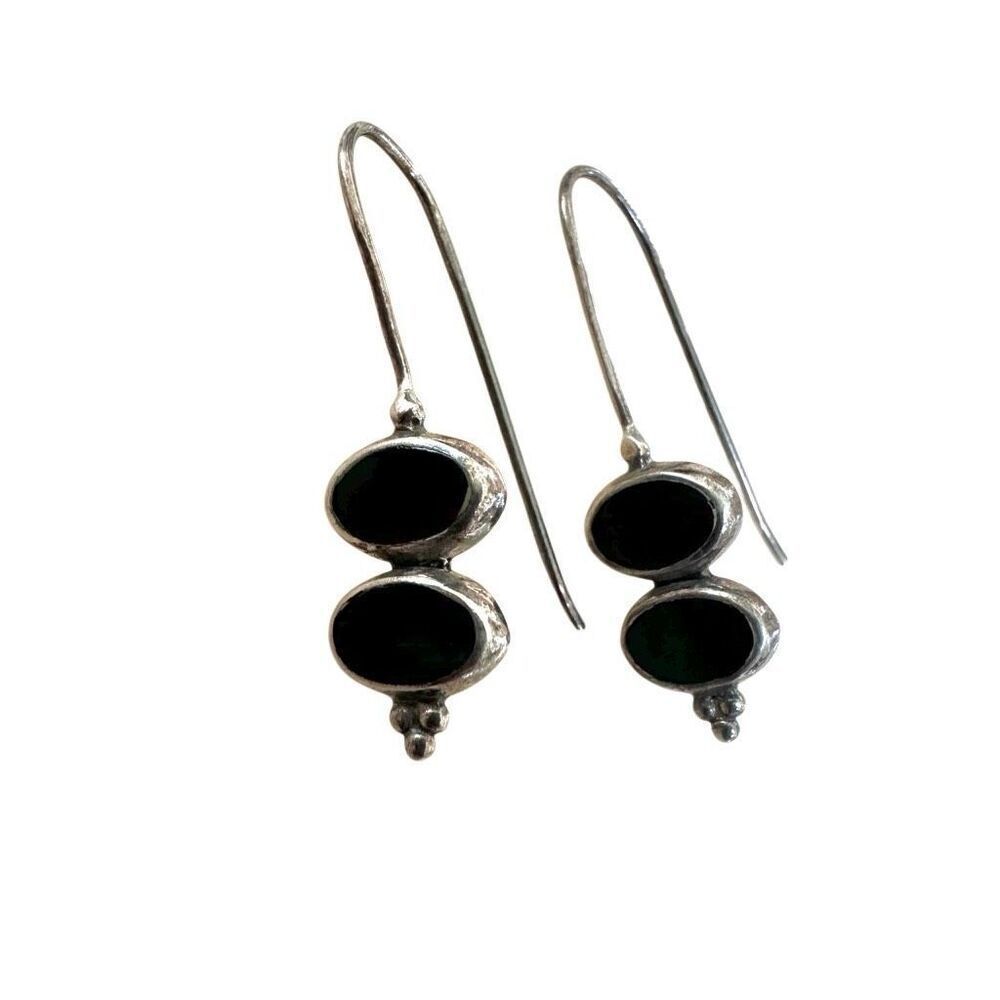 Sterling Silver Double Drop  vintage Earrings with Black Onyx